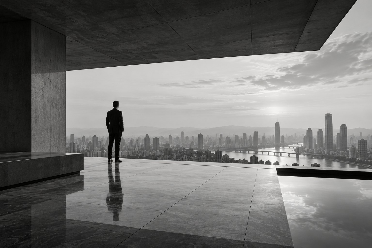 A person looking out over a city skyline